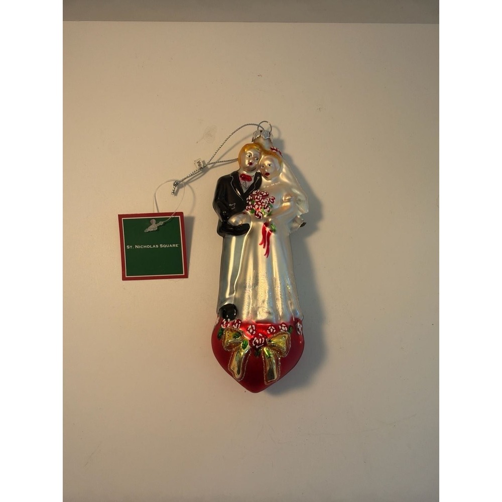St. Nicholas Square Glass Bride and Groom Wedding Christmas Ornament